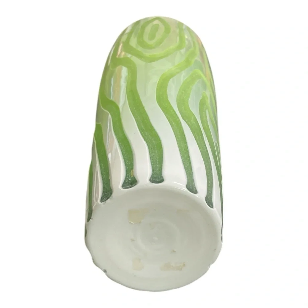 Vintage 1960s Green White Zebra Stripe Cased Art Glass Vase 12
